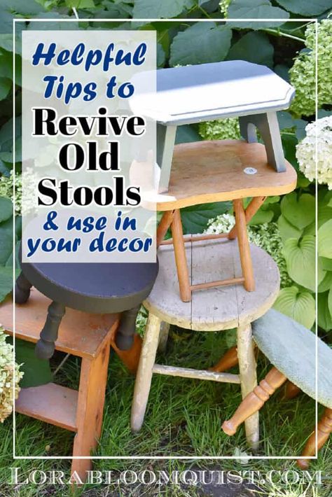 Bathroom Stool Diy, Repurpose Bar Stool Ideas, Bar Stools Repurposed, Vintage Stool Wood, Stool Upcycle, Stool Makeover, Farmhouse Stools, Diy Stool, Fun Home Decor