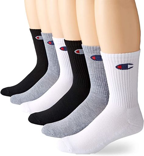 Champion Men's Double Dry Moisture Wicking Logo 6-Pack Crew Socks, Assorted, Shoe Size: 6-12 at Amazon Men’s Clothing store Champion Socks, Red Bottom Shoes, Champion Brand, Olympic Team, Champion Logo, Winter Outfits Men, Older Fashion, Red Bottoms, Athletic Socks