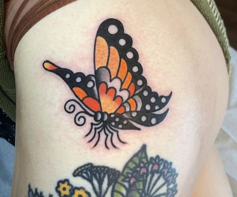 Traditional Bug Tattoo Flash, Traditional Side Tattoo, Traditional Monarch Butterfly Tattoo, Traditional Bug Tattoo, Tattoo Ideas Upper Arm, Butterfly Tattoo Traditional, American Traditional Butterfly, Traditional Tattoo Arm, Caterpillar Tattoo