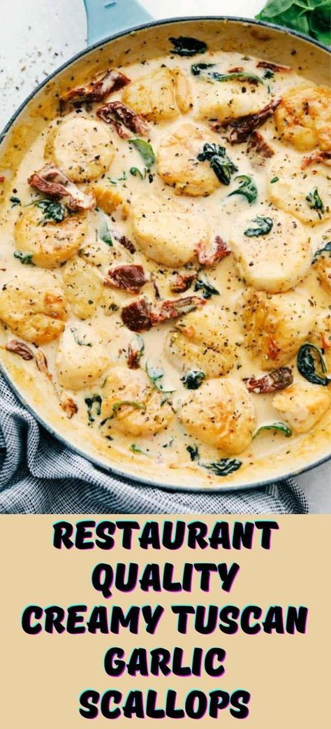 Restaurant Quality Creamy Tuscan Garlic Scallops - TASTYDONE Sun Dried Tomatoes And Spinach, Garlic Scallops, Seafood Recipes Scallops, The Recipe Critic, Creamy Garlic Sauce, Recipe Critic, Scallop Recipes, Sun Dried Tomatoes, Seafood Dinner