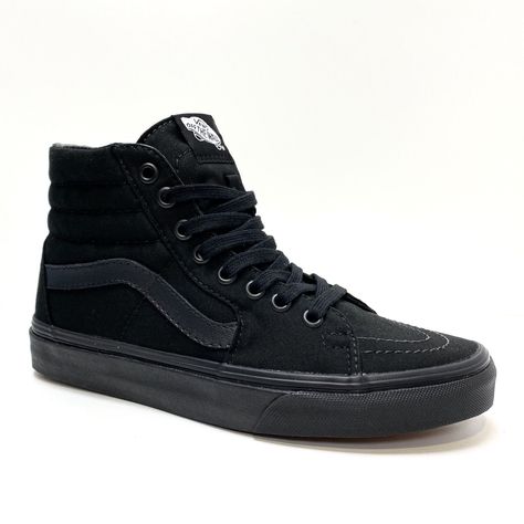 VANS SK8 HI BLACK BLACK BLACK CANVAS UNISEX TRAINERS VN000TS9BJ4 The inaugural member of Vans' legendary legacy of high top skate shoes was the first to bring the supportive sensibilities of an athletic boot to the world of skating. The popularity of the Sk8-Hi look followed suit, becoming a favorite amongst skaters, musicians, artists, and counter culture types alike. Today they remain in their original form, a perennial classic, built like they always have with sturdy canvas uppers, and waffle rubber soles.  Vans Footwear Sizes Country Size UK 6 6.5 7 7.5 8 8.5 9 9.5 10 10.5 11 12 13 14 15 16 USA 7 7.5 8 8.5 9 9.5 10 10.5 11 11.5 12 13 14 15 16 17 EU 39 40 40.5 41 42 42.5 43 44 44.5 45 46 47 48  _gsrx_vers_1545 (GS 9.4.1 (1545)) Vans Sk8 Hi Black, Eras Outfits, Counter Culture, Vans Sk8 Hi, High Top Vans, Black High Tops, Sk8 Hi, Vans Sk8, Lovely Things