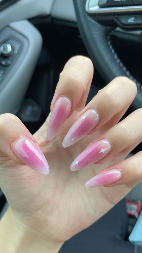 Long Almond Acrylic Nails Designs, Sabrina Nails, Pink Aura Nails, Nail Inspired, Cute Almond Nails, Almond Acrylic Nails Designs, Uñas Ideas, Rose Aura, White Gel Nails