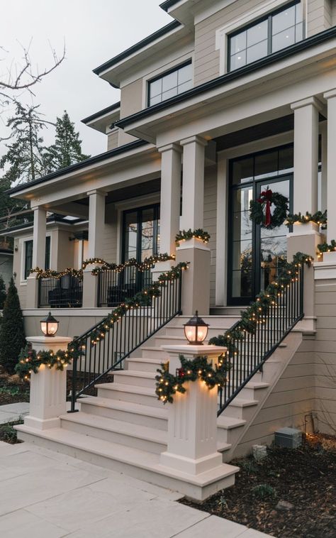 Black House Christmas Decor Exterior, Christmas Farmhouse Exterior, Christmas Exterior Decor Ideas, Townhome Christmas Decor Outdoor, House Outdoor Christmas Lights, Christmas House Lights Outdoor, Christmas Railing Decor Outdoor, White Christmas Lights On House, House Christmas Lights Outdoor