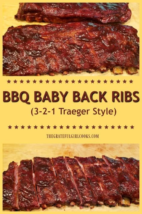 Make BBQ baby back ribs in "3-2-1" on a pellet grill. Ribs are smoked 3 hours, cooked in foil 2 hours, & grilled with sauce 1 hour! Easy & delicious. via @gratefuljb Pellet Grill Ribs, Grill Ribs, Grilled Baby Back Ribs, Traeger Cooking, Pellet Smoker Recipes, Traeger Grill Recipes, Bbq Baby Back Ribs, Smoked Pork Ribs, Pellet Grill Recipes