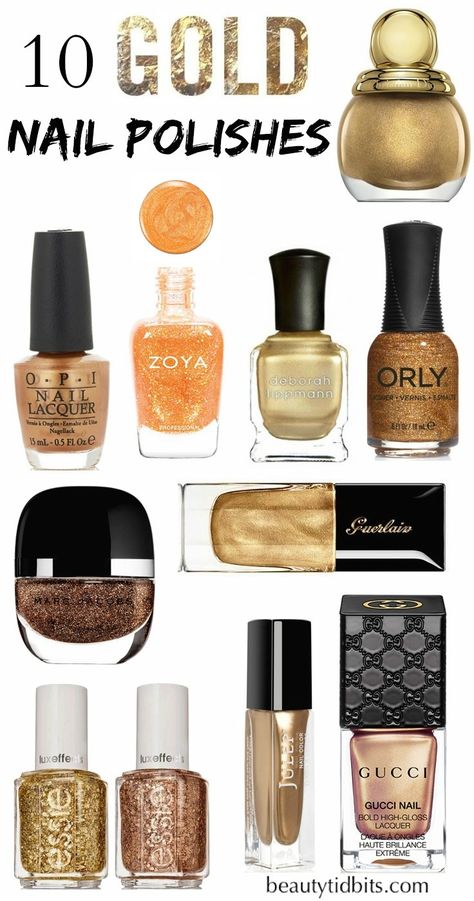 Best Gold Nail Polishes via @beautytidbits Gold Finger Nail Polish, Gold Nails Polish, Gold Nail Polish Ideas, Metallic Gold Nail Polish, Gold Accent Nail, Gucci Nails, Optimum Health, Diy Tumblr, Gold Nail Polish