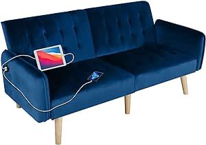 TYBOATLE 65" W Velvet Modern Convertible Folding Futon Couch Sofa Bed w/ 2 USB Charging Ports and Arms for Compact Living Space, Dorm, Game Studio, Bonus Room, Apartment, Bedroom (Navy Blue) Mid Century Sleeper Sofa, Navy Blue Bed, Bedroom Navy Blue, Bedroom Navy, Folding Couch, Navy Blue Sofa, Small Sofa Bed, Blue Bed, Chic Sofa