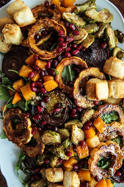 Arugula and Roasted Autumn Vegetable Salad with Crispy Baked Tofu - Heather Christo Fall Green Vegetable Recipes, Meal Salads, Autumn Dishes, Crispy Baked Tofu, Vegan Winter Recipes, Vegetable Salads, Vegetarian Mains, Fall Veggies, Thanksgiving 2024