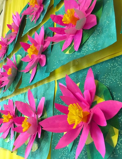 3d Water Lily Craft, Water Lily Craft, Water Lily Art, 7 Elements Of Art, Water Lilies Art, Lily Art, 7 Elements, Spring Art Projects, Shape Collage