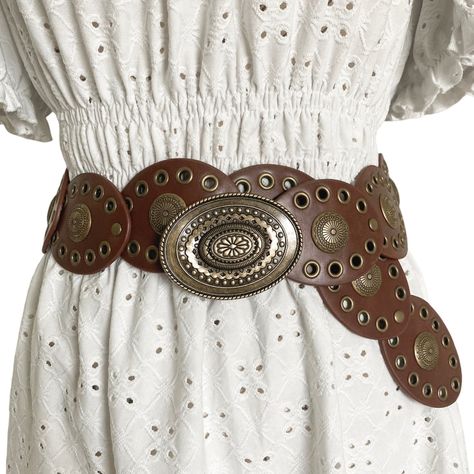 Women's Medallion Wide Western Brown Boho Concho Big Bronze Buckle Statement Rodeo Cowgirl Waist Belt, New No Tags Unique Vegan Leather Concho Belt With Bronze Grommet And Medallion Details Made Of Faux Leather Material And Bronze Tone Hardware Wear With Your Favorite Jeans, Dresses, High Waisted Pants, Open Front Cardigans Etc. Approx Measurements: Full Length 39" (Laying On A Flat Surface), Width 2.5". Fits Waist Sizes S To Xl (26" To 36") Pet & Smoke Free Environment, Offers Welcomed, Fast Sh Medallion Belt, Western Brown, Rodeo Cowgirl, Concho Belt, Faux Leather Belts, Boutique Accessories, Open Front Cardigan, Ladies Boutique, Flat Surface