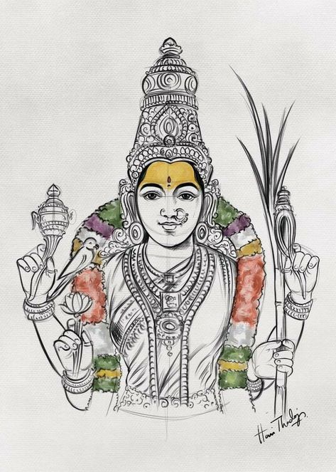 Kamatchi Amman Drawing, Lalitha Devi Goddesses Drawing, Varahi Drawing, Devi Sketch, Goddess Sketch, Kumari Kandam, Ancient Drawings, Ganesh Art Paintings, Indian God