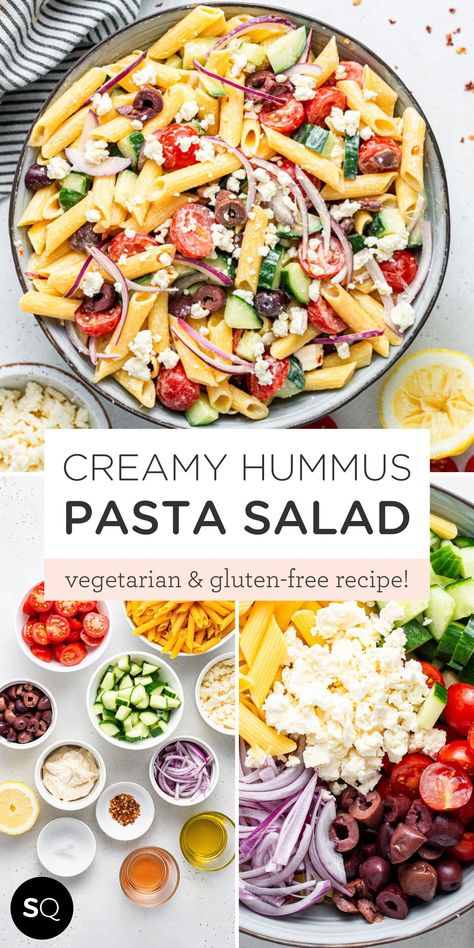 Quinoa Pasta Salad Recipes, Pasta And Quinoa Salad, Salads With Hummus, High Protein Greek Pasta Salad, Vegetarian Salads Protein, Vegetarian Protein Pasta Salad, Hummus Salad Recipe, High Protein Vegetarian Pasta Salad, Hummus Pasta Salad