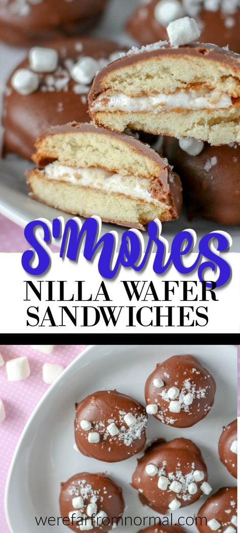 These s'mores are delicious and great for parties or bake sales! Made with Nilla wafers they are easy and tasty! Nilla Wafer Sandwich Cookies, Recipes Using Nilla Wafers, Recipes With Nilla Wafers, Recipes Using Vanilla Wafers, Nilla Wafer Desserts, Nilla Wafer Recipes, Nilla Cookies, Vanilla Wafer Recipe, Christmas Roses