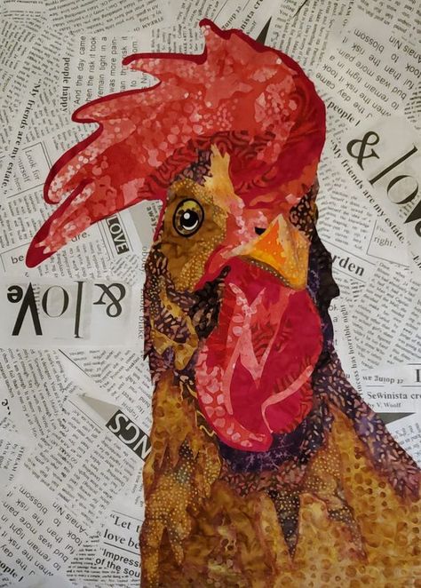 Fabric Collage Patterns. | My version of the chicken. | Facebook Fabric Collage Patterns, Chicken Collage, Chicken Portrait, Thumbnail Ideas, Collage Quilts, Chicken Images, Chicken Painting, Image Collage, Photoshop Collage