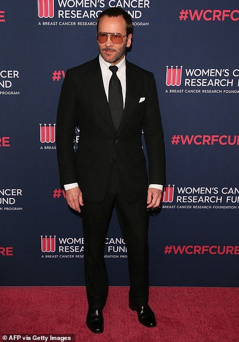 Style to spare: Fashion designer Tom Ford cut a classic figure in a black suit... Tom Ford Black Suit, Elizabeth Chambers, Evening Gala, Navy Jumpsuit, Katie Couric, Ford Black, Met Ball, British Fashion Awards, Renee Zellweger