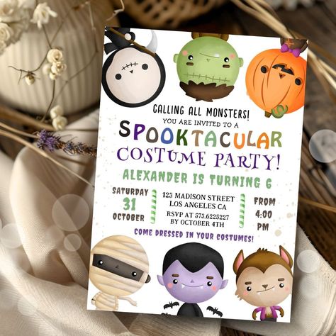 Cute Monster Kids Costume Halloween Birthday Party Invitation Halloween Party Invitations Kids, Cute Halloween Birthday Party, Cute Halloween Birthday, Halloween Costume Birthday Party, Costume Birthday Party Kids Invitations, Monster Mash Birthday Invitation, 1st Birthday Halloween Invitations, Monster Birthday Party Invitations, Halloween Birthday Party Invitations