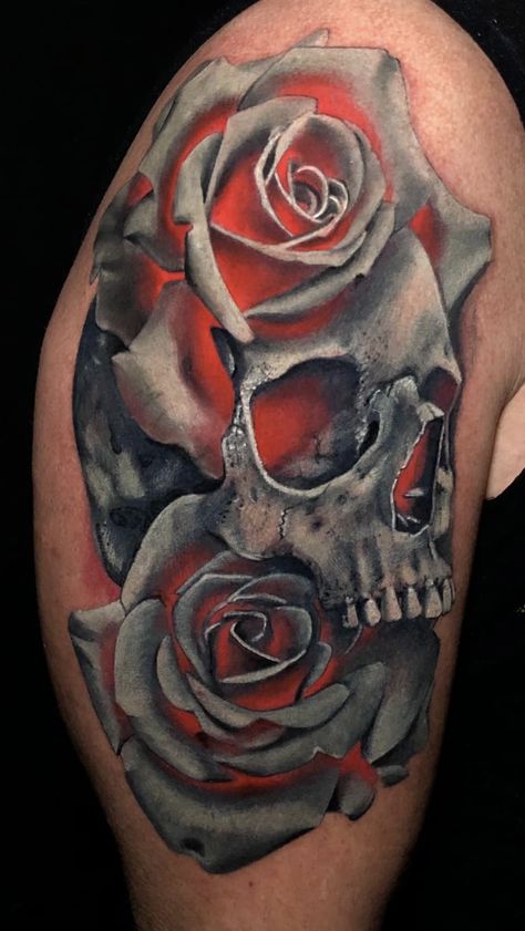 His Her Skull Tattoo, Rose And Skull Tattoo For Women, Skulls Roses Tattoo, Skull And Roses Tattoos For Women, Skull Rose Tattoo For Women, Skull In Rose Tattoo, Gothic Rose Tattoo, Skull And Rose Shoulder Tattoo, Skull Crown Rose Tattoo