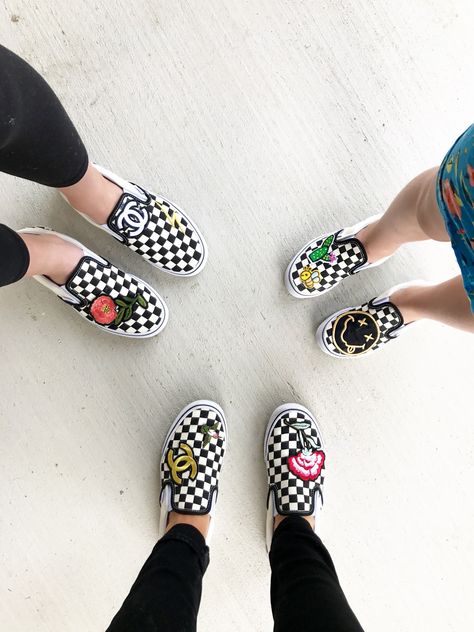 Lisa Allen and kids create a DIY design of their shoes with Vans by using patches Patches On Shoes, Diy Vans, Colorful Vans, Ysl Handbag, Van Shoes, Painted Vans, Shoes Art, Diy Sneakers, Fashion Design For Kids