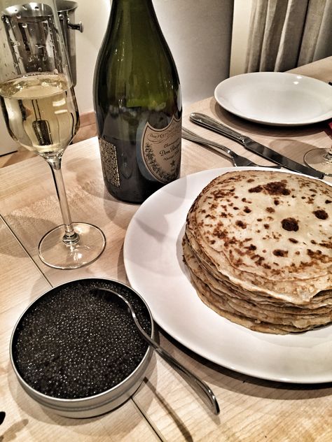 Champagne Caviar Pancakes Caviar Pancakes, Food Mood, Pancakes, Champagne, Drinks, Gold, Quick Saves, Kawaii