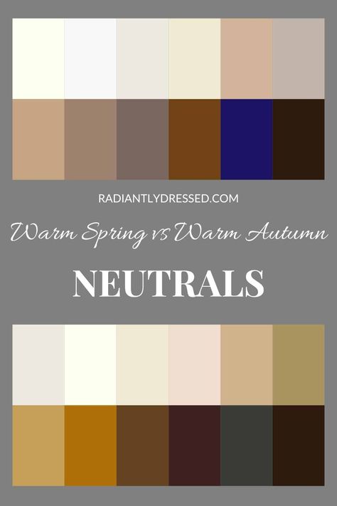 Are you a Warm Spring or a Warm Autumn? Discover how to identify your color season and the best hues to enhance your natural beauty. This article delves into the nuances of Warm Spring and Warm Autumn palettes, explaining how to choose the right shades for your skin tone, hair, and eyes, and why embracing your seasonal colors can transform your wardrobe and boost your confidence. Warm Neutrals Color Palette, Warm Spring Wardrobe, Warm Spring Color Palette Outfits, Warm Skin Tone Colors, Clear Spring Palette, Warm Spring Palette, Radiantly Dressed, Warm Spring Color Palette, Warm Spring Outfits