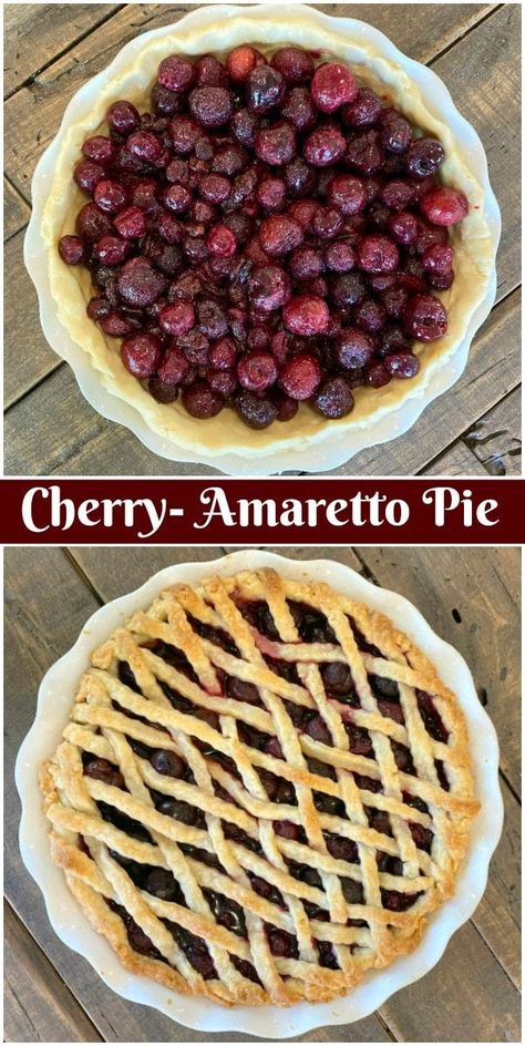 Cherry Amaretto Pie recipe from Cherry Amaretto Pie is the most wonderful pie made with fresh or frozen cherries and flavored with the great taste of Amaretto liqueur.  #cherryamaretto #pierecipe #cherrypierecipes #RecipeGirl Fancy Cherry Pie, Amaretto Pie, Elote Dip Recipe, Cherry Amaretto, Double Pie Crust, Cherry Pie Recipe, Cherry Desserts, Frozen Cherries, Cherry Recipes