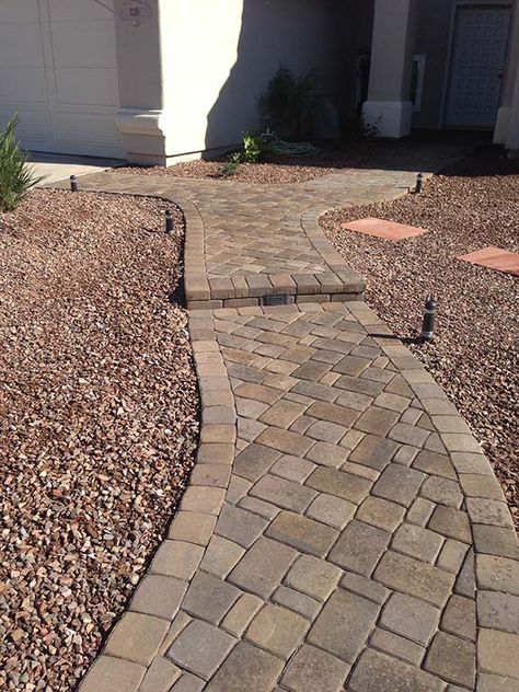 Front Yard Remodel, Desert Landscape Front Yard, Paver Sidewalk, Landscape Front Yard, Yard Stones, High Desert Landscaping, Backyard Landscape Design, Desert Backyard, Yard Remodel