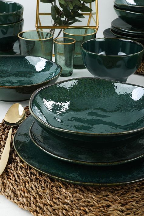 Green Plate Set, Green Plates Dinnerware, Dark Green Plates, Green Plates Table Setting, Kitchen Plates Set, Green Dinnerware Set, Plate And Bowl Set, Kitchen Plates, Green Dinnerware