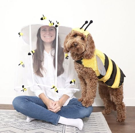 Pet Duo Halloween Costumes, Costume Ideas With Your Dog, Dog Costumes Matching Owner, Cute Halloween Costumes With Your Dog, Halloween Costume For Dogs And Owners, Brown Dog Halloween Costumes, Husky Halloween Costumes Dogs, Puppy Custome Halloween, Bee Dog Costume