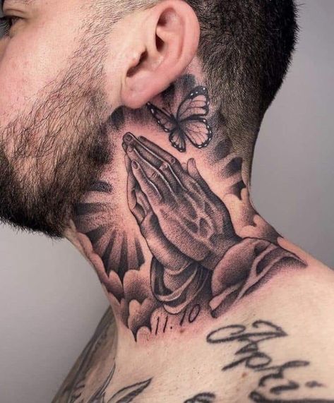 Cool Face Tattoos, Cruces Tattoo, Butterfly Neck Tattoo, Front Shoulder Tattoos, Side Neck Tattoo, African Tattoo, Throat Tattoo, Men Tattoos Arm Sleeve, Mens Shoulder Tattoo