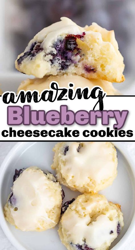 Summer Cookies Recipes, Lemon Cheesecake Cookies, Blueberry Cheesecake Cookies, Blueberry Cookies Recipes, Cheese Cookies Recipe, Blueberry Desserts Recipes, Summer Cookie, Blueberry Cookies, Cream Cheese Glaze