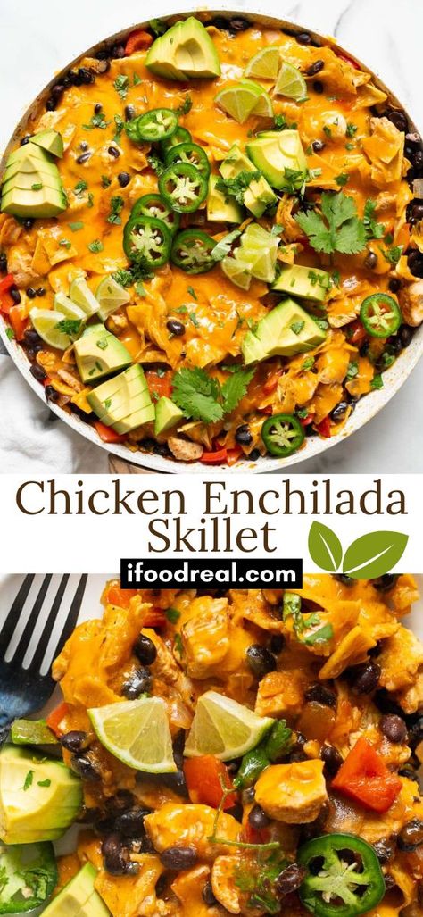 This Chicken Enchilada Skillet is a 30 minute meal packed with veggies, beans, chicken, bold enchilada flavor, and 39 grams of protein. As a bonus, everything cooks in one skillet! Chicken Taco Skillet, Enchilada Skillet, Chicken Enchilada Skillet, Taco Skillet, 30 Minute Meals Healthy, One Skillet, One Pot Chicken, Healthy Casseroles, Healthy Instant Pot Recipes