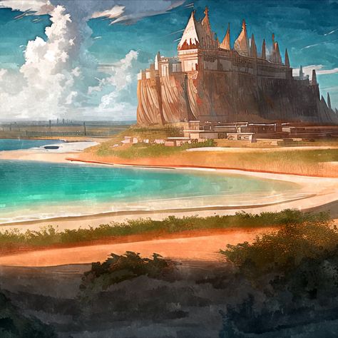 Castle I painted while listening to desert music on repeat forever. #oasis #castle #desert #fantasy #watercolor #painting #digitalart #illustration Fantasy World Aesthetic Desert, Dessert Kingdom Fantasy Art, Fantasy Desert Castle, Desert Kingdom Fantasy Art, Desert Castle, Desert Kingdom, Fantasy Desert, Fantasy Locations, Fantasy Watercolor