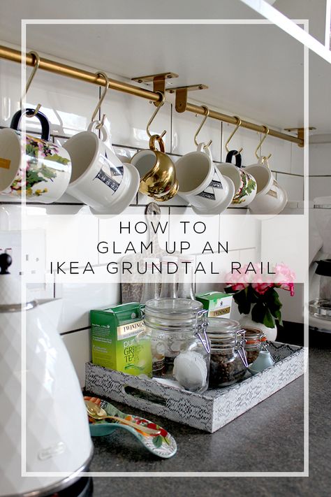 How to turn an Ikea Grundtal Rail into something glamorous Kitchen Glam, Kitchen Rails, Ikea Hack Kitchen, Ikea Kitchen Island, Kitchen Organization Diy, Diy Ikea Hacks, Ikea Kitchen, Ikea Diy, Trendy Kitchen