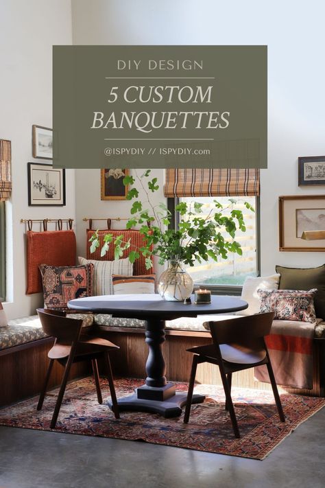 DIY DESIGN | 5 Times We've Built a Banquette - I SPY DIY Built In Banquette Seating Dining Room, Breakfast Room Banquette, Diy Nook Table, Built In Eating Nook Bench Seat, Garage Dining Room, Dining Banquette Ideas, Diy Corner Nook, Corner Dining Banquette, Banquette In Front Of Window