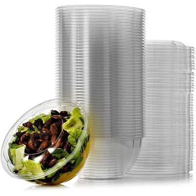 It has a simple round design that is great for all delis, supermarkets, and cafes. Easily take your salads and other foods on the go with this plastic salad bowl.  The clear plastic of this bowl is sturdy and allows both you and your customers to see what is inside. This item saves space during storage by stacking conveniently on top of one another. Disposable Bowls, Plastic Party Plates, Salad Container, Prep Lunch, Colorful Dishes, Catering Supplies, Salad Bowls Set, Large Salad Bowl, Prepped Lunches