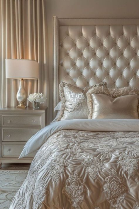 Contemporary Glam Bedroom, Bedroom Ideas Interior Design, Champagne Bedroom, Glam Bedroom Ideas, Bedroom Ideas Luxury, Romantic Bedrooms, Decorating Ideas Bedroom, High Bed, Glam Bedroom Decor