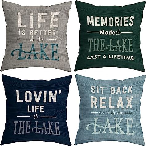 HUYAW Vintage Life is Better at The Lake Memories Made at The Lake Last A Life Time Throw Pillow Covers, Lake House Gifts, Lake Pillow Cases 18 x 18 Inch Home Lake House Sofa Decor Set of 4 Lake House Decorating, Lake Life Decor, Lake Theme, Lake House Gifts, Modern Decorative Pillows, Couch Cushion Covers, Lake Decor, 18x18 Pillow Cover, Lake House Decor