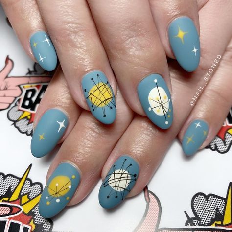 FINGER BANG on Instagram: “@nail_stoned @blueladycollectibles based on a pattern she found online, unknown artist #nailchurch #fingerbang #fingerbangportland…” Atomic Nails, Sharp Nail Designs, Vintage Nails Design Retro, Space Nail Art, Cosmic Nails, Modern Nail Art, Sharp Nails, Space Nails, Retro Nails