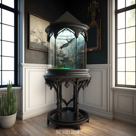 Gothic Fishtank on a pedestal base. Gothic Kitchen Table, Gothic Fish Tank, Diy Gothic Furniture, Goth Fish Tank, Gothic Aquarium, Industrial Gothic Interior, Gothic Cabinets, Modern Gothic House, Victorian Gothic Home Decor