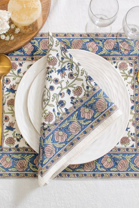 Midnight Blue Block Printed Cloth Table Napkins in Floral Pattern made on 100% Pure Cotton fabric. These table napkins have been painstakingly created by artisans honing the age old craft of hand block printing. We can customize our products in any color & size. Just message us with what you need and we will be happy to help. ---------- FEATURES ---------- ★ 100% Natural Cotton ★ Hand Block Printing ★ Breathable & Soft ★ Machine Washable with similar colors. Iron as required. ★ Select the set si Block Print Products, Mugal Prints, Table Cloth Design, Chinese Flowers, Dining Table Kitchen, Vintage India, Islamic Art Pattern, Table Kitchen, Blue Block