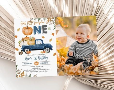 HoneydesignStore - Etsy Pumpkin 1st Birthdays, 1st Birthday Photo, Photo Birthday Invitations, 1st Birthday Photos, Pumpkin Truck, Photo Thank You Cards, Blue Pumpkins, Party Bundles, Blue Boy