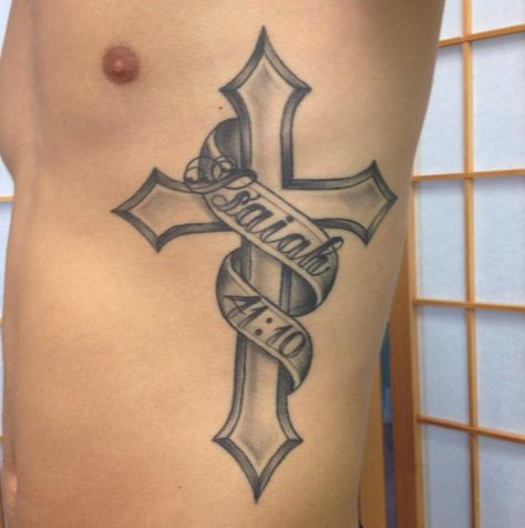 Cross With Verse Tattoo Men, Cross With Bible Verse Tattoo For Men, Cross Bicep Tattoo Men, Isaiah 41:10 Tatoos, Rib Cross Tattoo, Side Calf Tattoo Men, Cross With Bible Verse Tattoo, Arm Tattoos Cross, Military Sleeve Tattoo