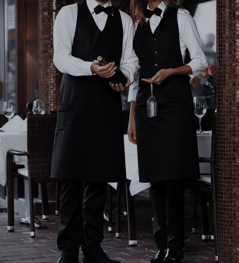 Fancy Waiter Uniform, Waiter Aesthetic Boy, Restaurant Waiter Aesthetic, Male Bartender Aesthetic, Restaurant Hostess Aesthetic, Wedding Waiters, Waiter Outfit Aesthetic, Restaurant Waitress Aesthetic, Waiter Aesthetic