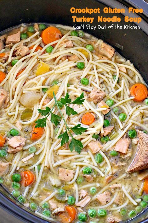 Crockpot Gluten Free Turkey Noodle Soup – Can't Stay Out of the Kitchen Crockpot Gluten Free, Turkey Crockpot, Gf Noodles, Soup Turkey, Turkey Noodle Casserole, Turkey Vegetable Soup, Turkey Noodle Soup, Gluten Free Turkey, Turkey Soup Recipe