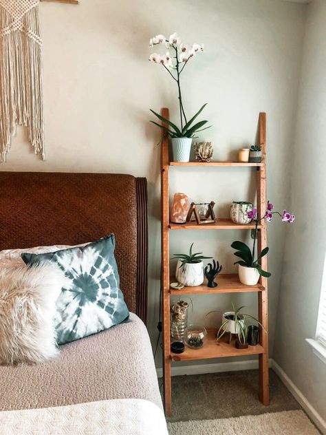 How to Balance a Bedroom with Only One Nightstand - Bark and Chase Ladder Shelf Nightstand, Ladder Shelf By Bed, Ladder Shelf In Bedroom, Bedroom With Ladder Shelf, Plants Ladder Shelf, Ladder Shelf With Plants, Ladder Book Shelf Ideas, Shelf Ladder Decor Living Room, Bedside Ladder Shelf