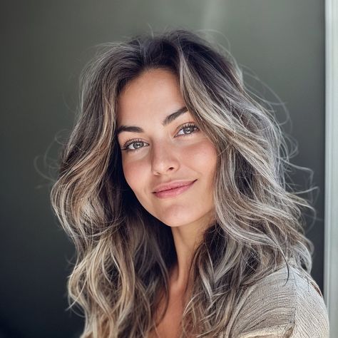 Highlights In Ash Brown Hair, Gray And Light Brown Hair, Premature Grey Hair Styles, Gray Blonde Brown Hair, Brown Hair With Ashy Babylights, Silver Brown Hair Color, Cool Tone Beige Hair, Gray And Silver Highlights On Brown Hair, Neutral Brown Hair With Highlights