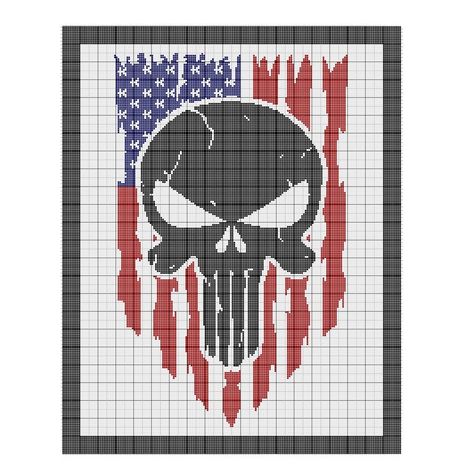 "Punisher with American Flag SINGLE CROCHET graphgan pattern. PATTERN ONLY - Please read the full description below prior to purchase.  This pattern is worked across 190 X 240 squares using 4 colors.  The size depends on the stitch you choose and your yarn gauge, hook & tension.  The approximate size based on a single crochet stitch using a size H hook is 48\" X 60\" You will receive: 1) The pattern details / single page color chart. 2) The 9-page color chart. 3) The 12-page color chart with number coding for easy viewing. 4) The text version of the written single crochet pattern. 5) The color block version of the single crochet pattern. THIS IS NOT A PHYSICAL ITEM TO BE SHIPPED.  This product is a digital PDF file that will be instantly available to you after payment is confirmed. Etsy wi Single Crochet Graphgan, Crochet Skull Patterns, Crochet Graphgan, Crochet Skull, Color Graphing, Single Crochet Stitch, Crochet Stitch, Blanket Pattern, Thing 1 Thing 2