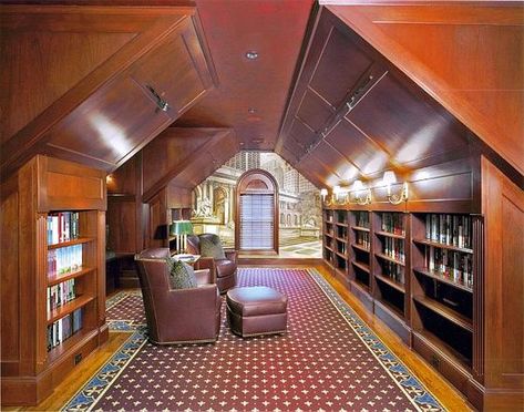 Attic Library, Attic Office, Attic Renovation Ideas, Finished Attic, Attic Playroom, Attic Room, Attic Space, Attic Design, Attic Renovation