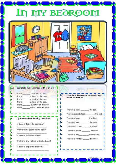 in my bedroom - English ESL Worksheets for distance learning and physical classrooms Bedroom Worksheet, Teaching Worksheets, Language Therapy Activities, English Worksheet, Learning English For Kids, English Vocab, Learn English Grammar, English Teaching, English Classroom