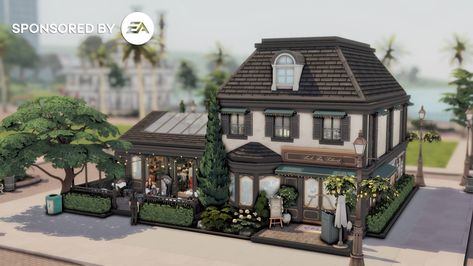 Thanks to the EA Creator Network for providing the codes for the #CozyBistroKit and #RivieraRetreatKit! 🤗 This can function as a restaurant, a bar, or as a lounge.  Build info:  Restaurant / Bar /... Sims 4 Coffee Shop Layout, Sims 4 Lounge Lot Ideas, Sims 4 Newcrest Restaurant, Sims 4 Windenburg Restaurant, Sims 4 Romantic Restaurant, Sims 4 Brindleton Bay Restaurant, Sims 4 Bistro, The Sims 4 Restaurant Ideas, Sims 4 Bar Ideas