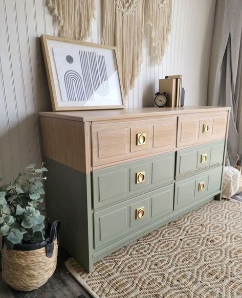 This contains an image of: Flipspo Thrifted Dresser Makeover, Repaint Dresser Ideas, 7 Drawer Dresser Makeover, Refinished Dresser Ideas, Diy Dresser Makeover White, Two Toned Dresser, Floating Nightstand Ideas, Dresser Flip, Refurbished Dresser